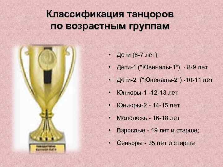 Классификация танцоров по возрастным группам • Дети (6 -7 лет) • Дети-1 ("Ювеналы-1") -
