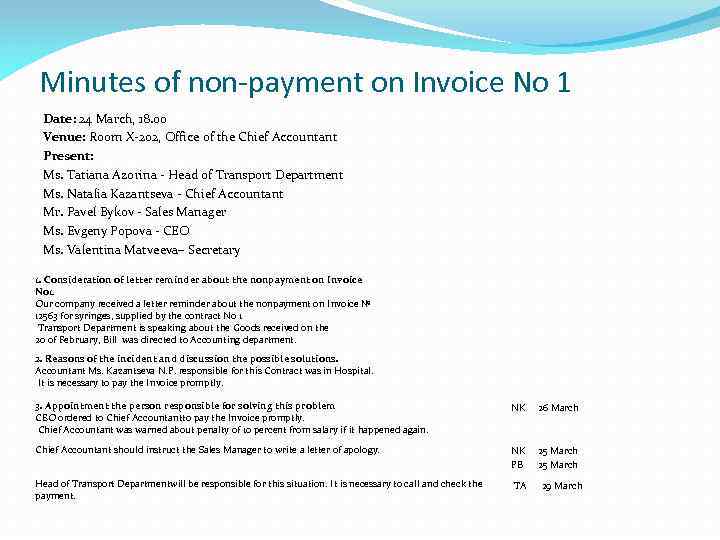 Minutes of non-payment on Invoice No 1 Date: 24 March, 18. 00 Venue: Room