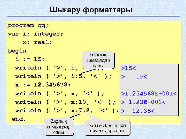 Шығару форматтары program qq; var i: integer; x: real; begin барлық i : =