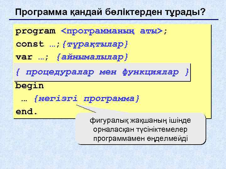 Программа қандай бөліктерден тұрады? program <программаның аты>; const …; {тұрақтылар} var …; {айнымалылар} {