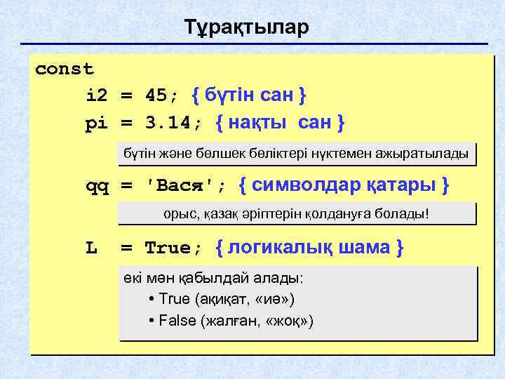 Тұрақтылар const i 2 = 45; { бүтін сан } pi = 3. 14;