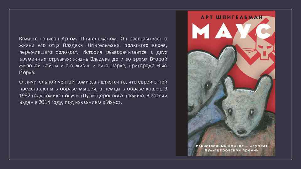 Комикс написан Артом Шпигельманом. Он рассказывает о жизни его отца Владека Шпигельмана, польского еврея,