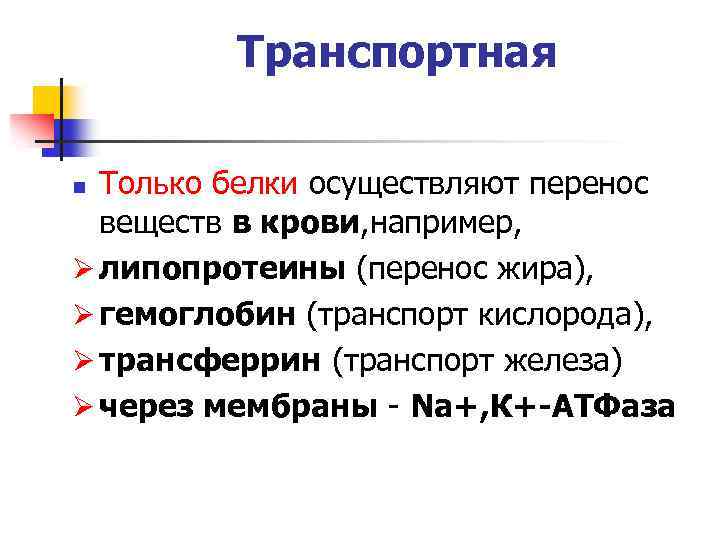 Транспортная Только белки осуществляют перенос веществ в крови, например, Ø липопротеины (перенос жира), Ø