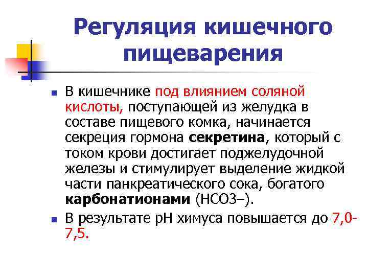 Регуляция кишечного пищеварения n n В кишечнике под влиянием соляной кислоты, поступающей из желудка