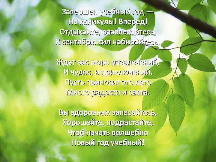 Завершен учебный год — На каникулы! Вперед! Отдыхайте, развлекайтесь, К сентябрю сил набирайтесь. Ждет