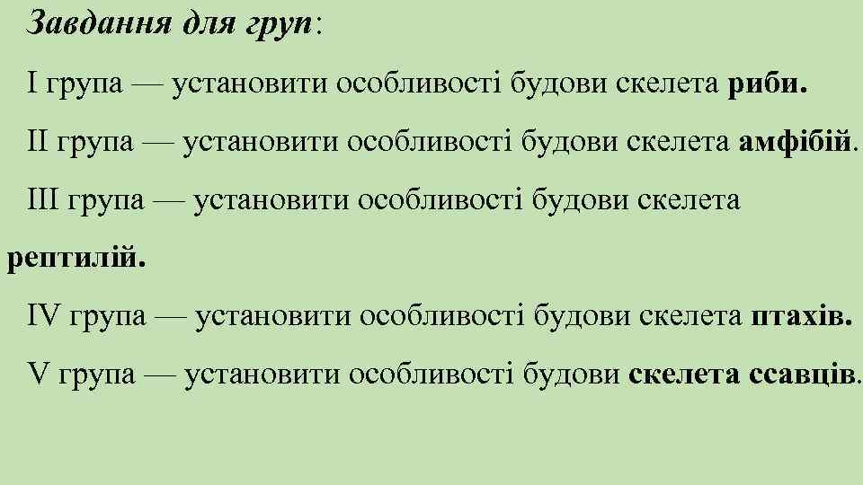 Завдання для груп: I група — установити особливості будови скелета риби. II група —