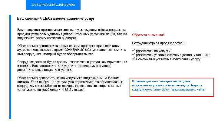 Детализация сценариев Ваш сценарий: Добавление удаление услуг Вам предстоит проконсультироваться у сотрудника офиса продаж