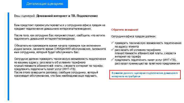 Детализация сценариев Ваш сценарий: Домашний интернет и ТВ. Подключение Вам предстоит проконсультироваться у сотрудника
