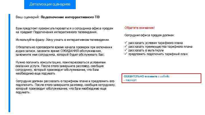 Детализация сценариев Ваш сценарий: Подключение интеррактивного ТВ Вам предстоит проконсультироваться у сотрудника офиса продаж