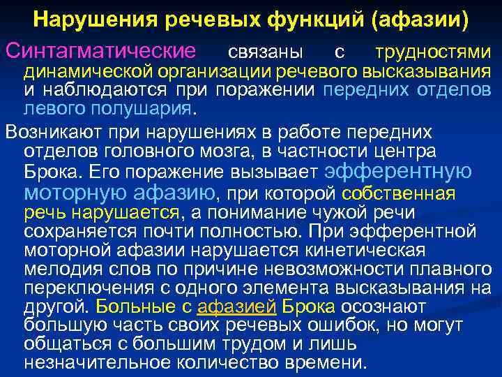 Функции речевого высказывания. Нарушение организации речевого высказывания при афазии. Речь при динамической афазии.