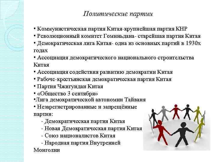 Политические партии • Коммунистическая партия Китая-крупнейшая партия КНР • Революционный комитет Гоминьдана- старейшая партия