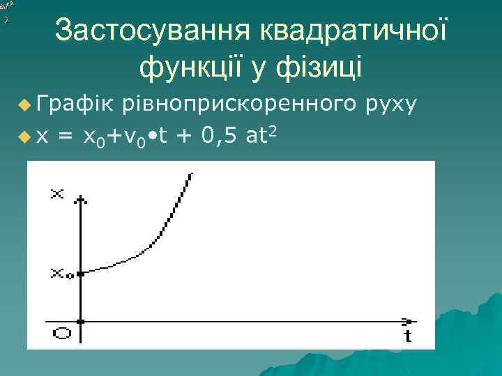 Застосування квадратичної функції у фізиці u Графік рівноприскоренного руху u х = х0+v 0