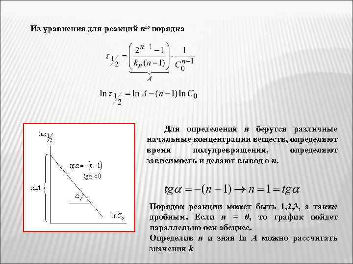 Из уравнения для реакций nго порядка Для определения n берутся различные начальные концентрации веществ,