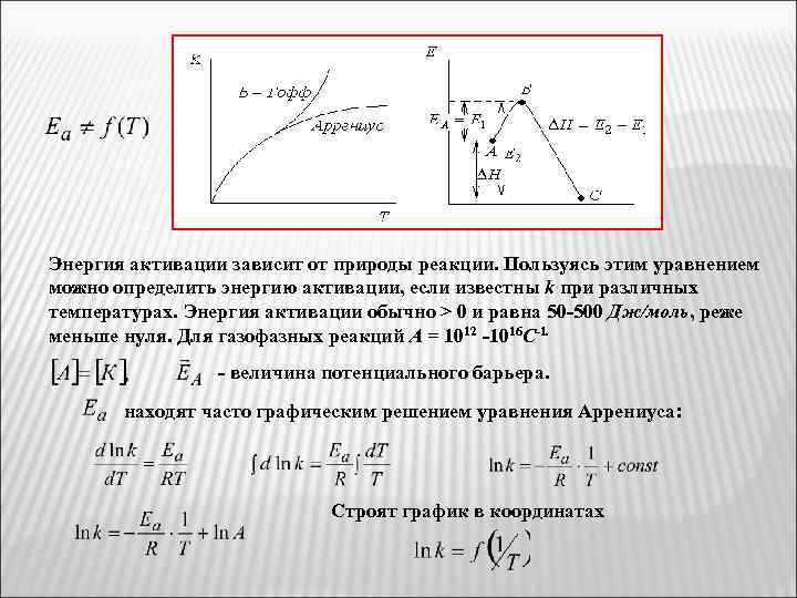 Энергия активации зависит от природы реакции. Пользуясь этим уравнением можно определить энергию активации, если