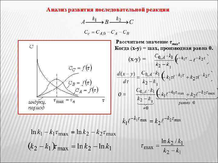Анализ развития последовательной реакции Рассчитаем значение τmax. Когда (x-y) = max, производная равна 0.