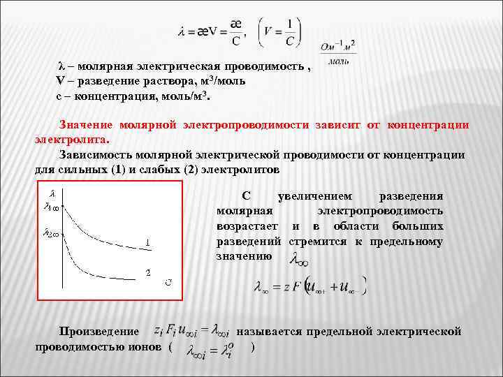 λ – молярная электрическая проводимость , V – разведение раствора, м 3/моль с –