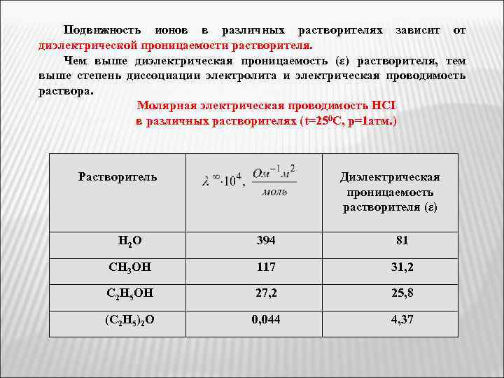 Подвижность ионов в различных растворителях зависит от диэлектрической проницаемости растворителя. Чем выше диэлектрическая проницаемость