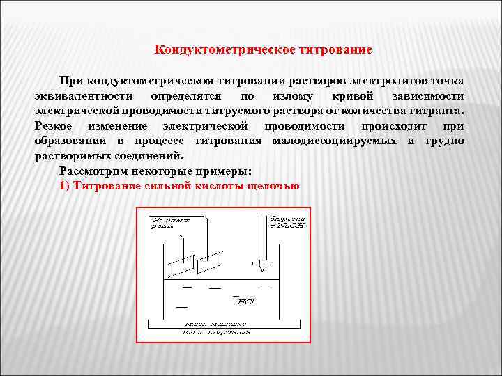 Кондуктометрическое титрование При кондуктометрическом титровании растворов электролитов точка эквивалентности определятся по излому кривой зависимости