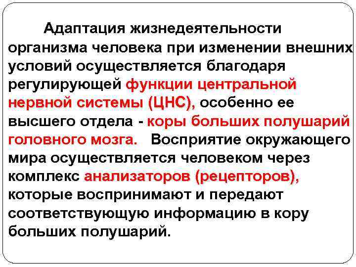 Адаптация жизнедеятельности организма человека при изменении внешних условий осуществляется благодаря регулирующей функции центральной нервной