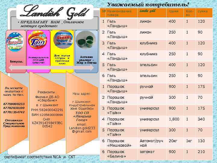 Landish Gold Уважаемый потребитель! 87759008233 87782838100 87781354742 Оптовикам Специальное Предложение Реквизиты: Филиал ДБ АО