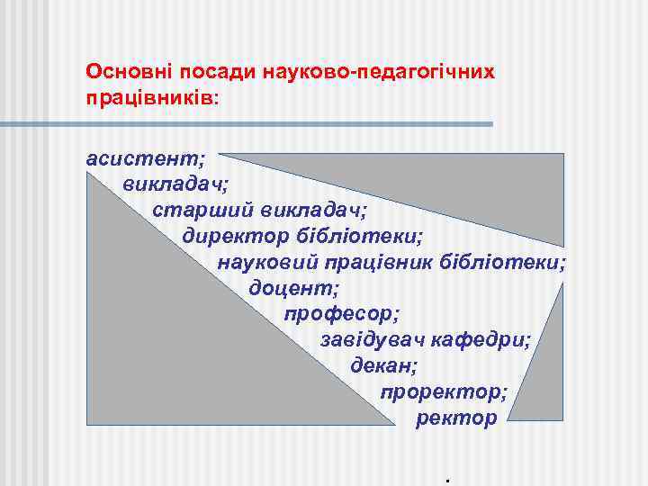 Основні посади науково-педагогічних працівників: асистент; викладач; старший викладач; директор бібліотеки; науковий працівник бібліотеки; доцент;