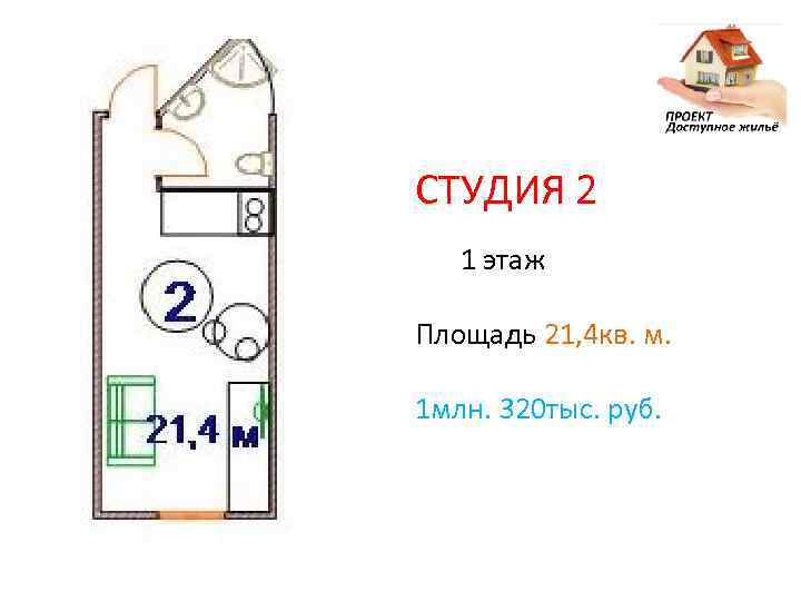 СТУДИЯ 2 1 этаж Площадь 21, 4 кв. м. 1 млн. 320 тыс. руб.