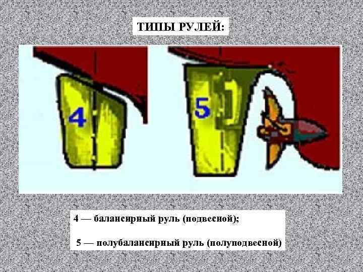 ТИПЫ РУЛЕЙ: 4 — балансирный руль (подвесной); 5 — полубалансирный руль (полуподвесной) 