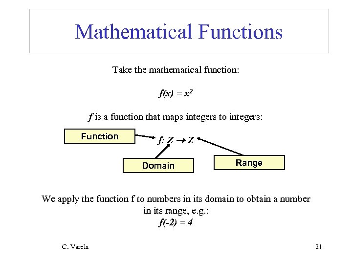 Mathematical Functions Take the mathematical function: f(x) = x 2 f is a function