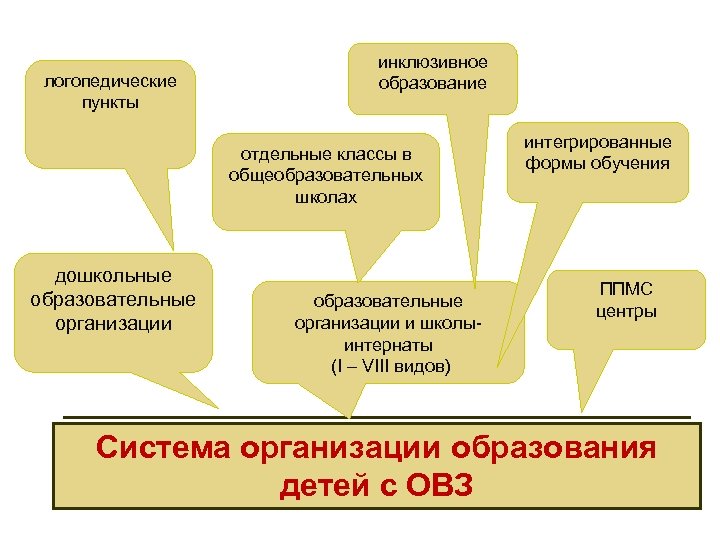 логопедические пункты инклюзивное образование отдельные классы в общеобразовательных школах дошкольные образовательные организации и школыинтернаты