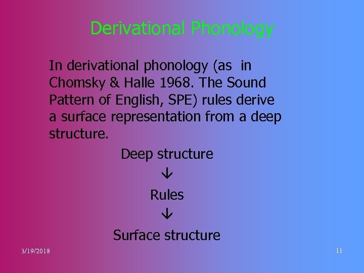 Derivational Phonology In derivational phonology (as in Chomsky & Halle 1968. The Sound Pattern