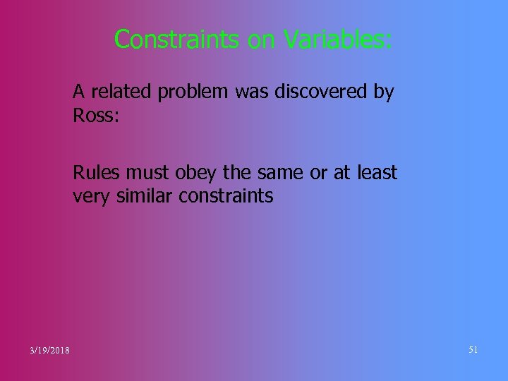 Constraints on Variables: A related problem was discovered by Ross: Rules must obey the