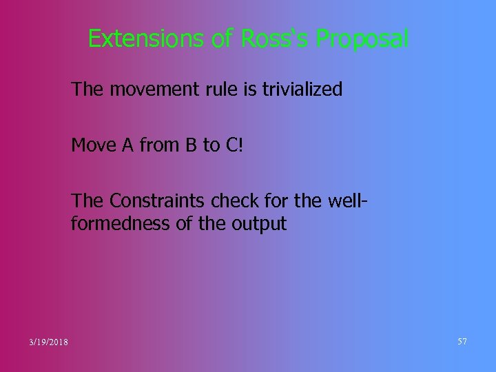 Extensions of Ross‘s Proposal The movement rule is trivialized Move A from B to