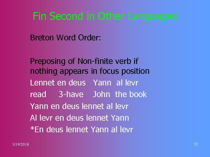 Fin Second in Other Languages Breton Word Order: Preposing of Non-finite verb if nothing