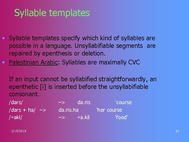 Syllable templates • Syllable templates specify which kind of syllables are possible in a