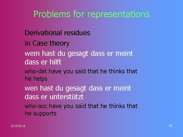 Problems for representations Derivational residues in Case theory wem hast du gesagt dass er