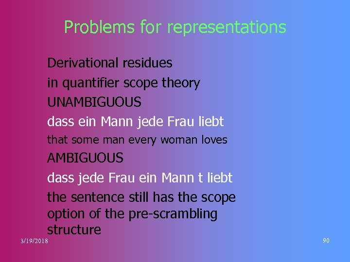 Problems for representations Derivational residues in quantifier scope theory UNAMBIGUOUS dass ein Mann jede