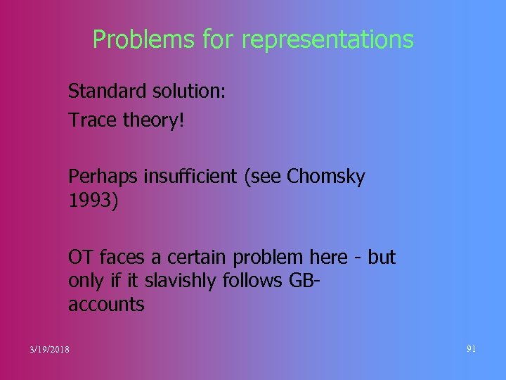 Problems for representations Standard solution: Trace theory! Perhaps insufficient (see Chomsky 1993) OT faces