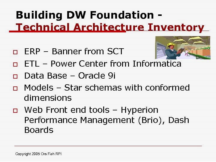 Building DW Foundation Technical Architecture Inventory o o o ERP – Banner from SCT