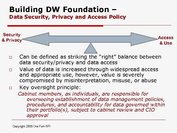 Building DW Foundation – Data Security, Privacy and Access Policy Security & Privacy o