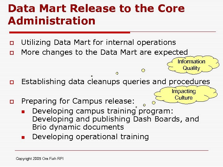 Data Mart Release to the Core Administration o o Utilizing Data Mart for internal