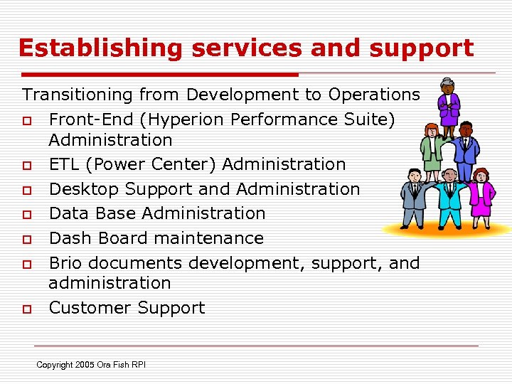 Establishing services and support Transitioning from Development to Operations o Front-End (Hyperion Performance Suite)