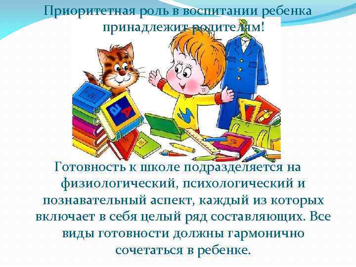 Приоритетная роль в воспитании ребенка принадлежит родителям! Готовность к школе подразделяется на физиологический, психологический