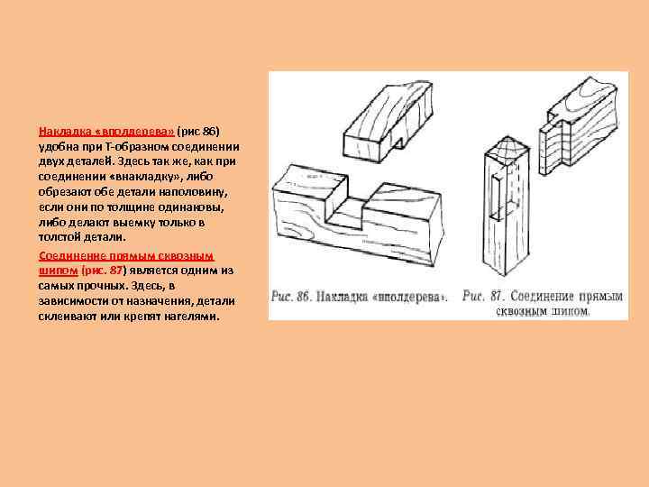 Накладка «вполдерева» (рис 86) удобна при Т-образном соединении двух деталей. Здесь так же, как