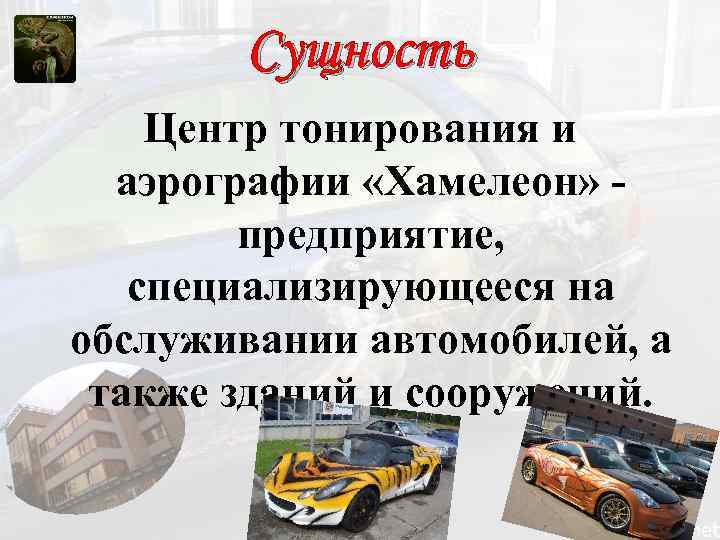 Сущность Центр тонирования и аэрографии «Хамелеон» - предприятие, специализирующееся на обслуживании автомобилей, а также