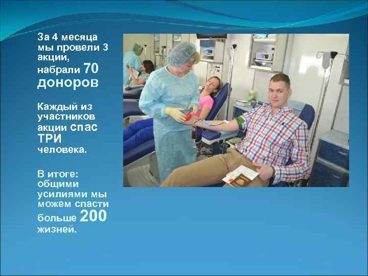 За 4 месяца мы провели 3 акции, набрали 70 доноров Каждый из участников акции