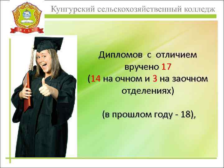 Дипломов с отличием вручено 17 (14 на очном и 3 на заочном отделениях) (в