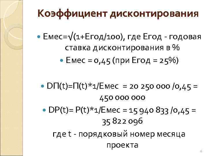 Коэффициент дисконтирования Емес=√(1+Егод/100), где Егод - годовая ставка дисконтирования в % Емес = 0,