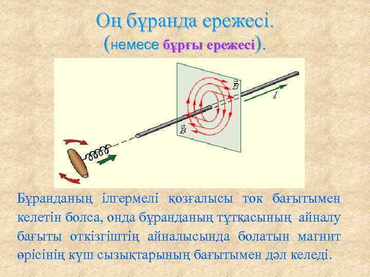 Оң бұранда ережесі. (немесе бұрғы ережесі). Бұранданың ілгермелі қозғалысы ток бағытымен келетін болса, онда