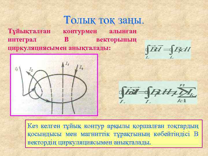 Толық тоқ заңы. Тұйықталған контурмен алынған интеграл В векторының циркуляциясымен анықталады: Кез келген тұйық
