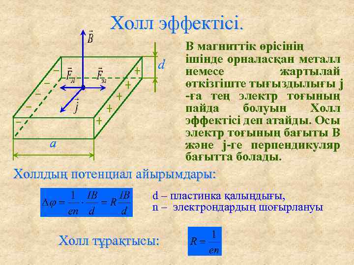 Холл эффектісі. d а В магниттік өрісінің ішінде орналасқан металл немесе жартылай өткізгіште тығыздылығы